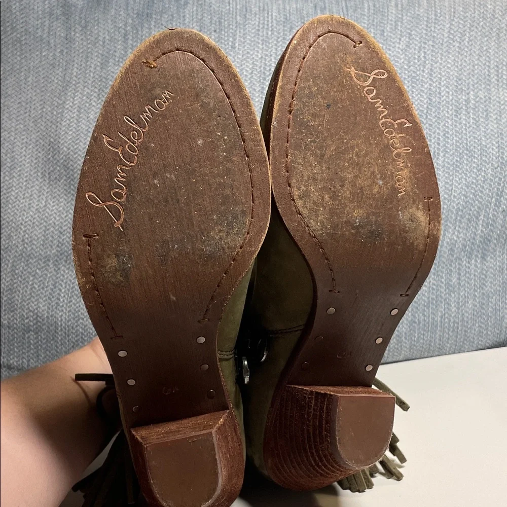 Sam Edelman Olive Green Ankle Boots leather heeled with Fringe size 6.5